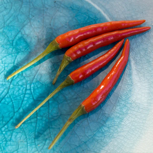 Rote und grüne Chilischoten auf dem Glasteller — Stockfoto