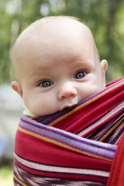 Little cute girl sitting in sling looking in camera. — Stock Photo, Image