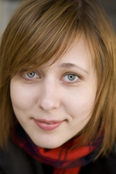 Closeup portrait of young serious attractive red hair woman with — Stock Photo, Image