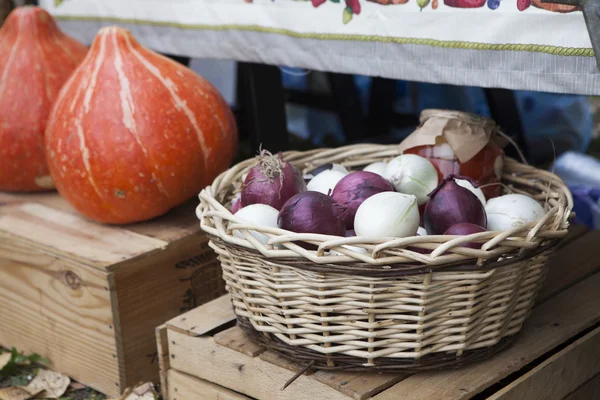Kırmızı ve beyaz soğan ve hasır baske — Stok fotoğraf
