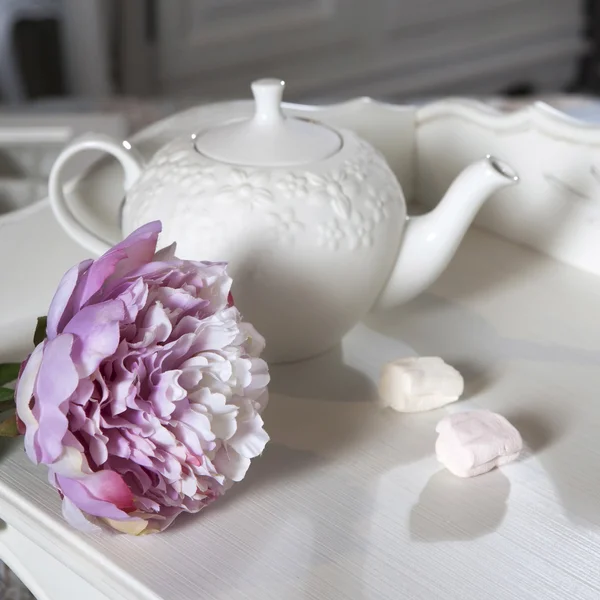 白色水壶和粉红色的人工牡丹 — 图库照片