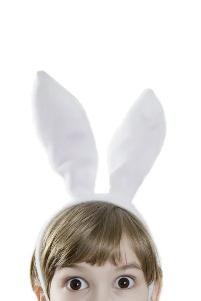 Eyes  of cute girl in rabbit ears. Looking in wide-eyed — Stock Photo, Image