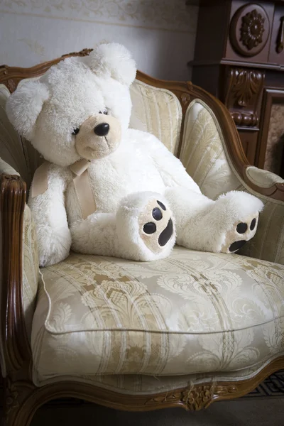 Sweet bear sitting on white chair — Stock Photo, Image