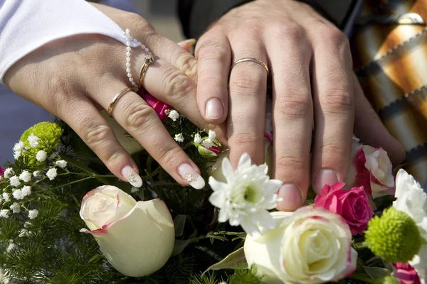 Gelin ve damat elleri birlikte sho yüzüklerini holding — Stok fotoğraf