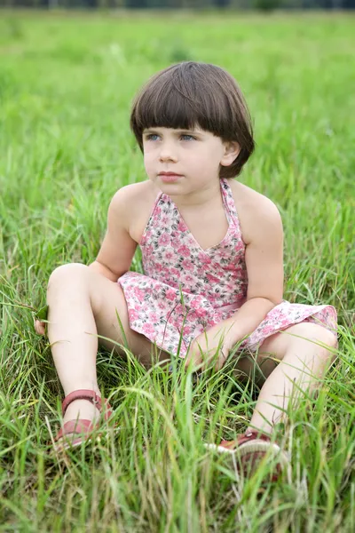 Menina bonito sentado na grama no meio do prado — Fotografia de Stock