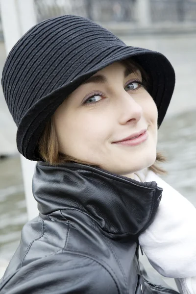 Retro portrait of young girl in hat — Stock Photo, Image