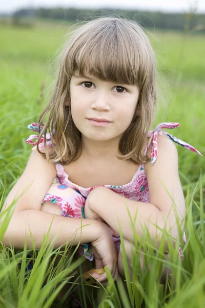 Liten flicka med torkade skorpan sitter i äng — Stockfoto