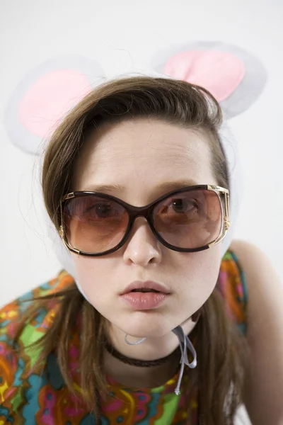 Portrait young woman wearing funny  mouse cap — Stock Photo, Image