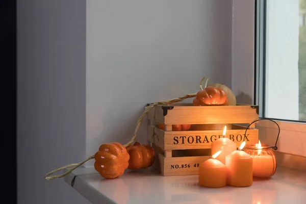 Förbereder Ditt Hem För Halloween Trälåda Faux Pumpa Krans Orange — Stockfoto