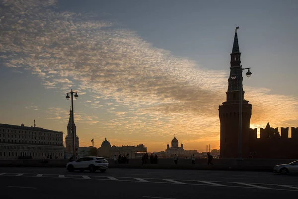 Moscow Russia October 2021 View Kremlin Crimean Bridge Setting Sun — Stock Photo, Image