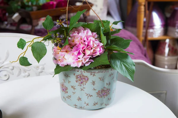 Artificial Pink Hydrangea Blue Pot Interior Decor — Stock Photo, Image