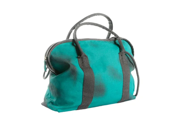 Grand Sac Vêtements Vert Avec Bretelles Noires Sur Fond Blanc — Photo