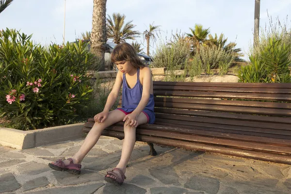 Sad Upset Angry Girl Seven Years Old Sitting Park Bench — Stock Photo, Image