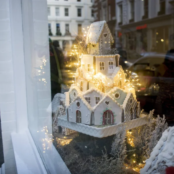 Homemade Gingerbread House Christmas Spices Ornament Reflections Shop Window — Stock Photo, Image