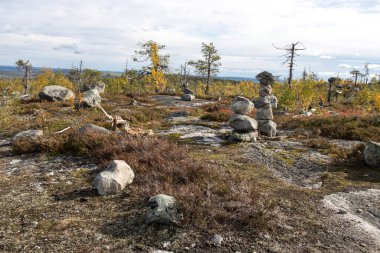 Megalitik seid kaya taşlarıyla bataklık ya da göl, doğadaki ölü ağaçlar Vottovaara Dağı, Karelia, Rusya 'da saklanır. Montain 'de sonbahar