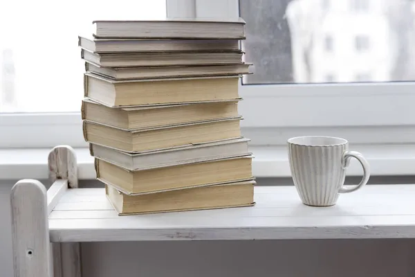 Stack White Bound Books Table Background Window Cup Tea Next — Stock Photo, Image