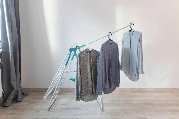 Men Shirts Drying Dryer Room White Wall — Stock Photo, Image