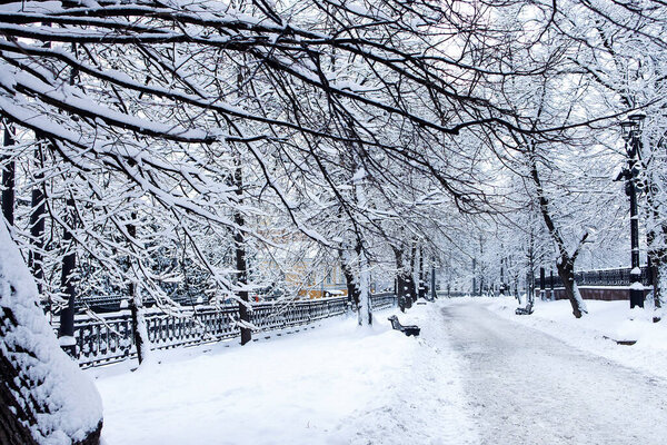 Rozhdestvensky boulevard, garden ring in snowfall