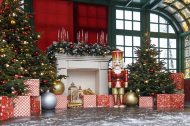 Hediyeler, koltuk, fındıkkıran ve şöminenin yanındaki sallanan atla süslenmiş Noel ağacı.