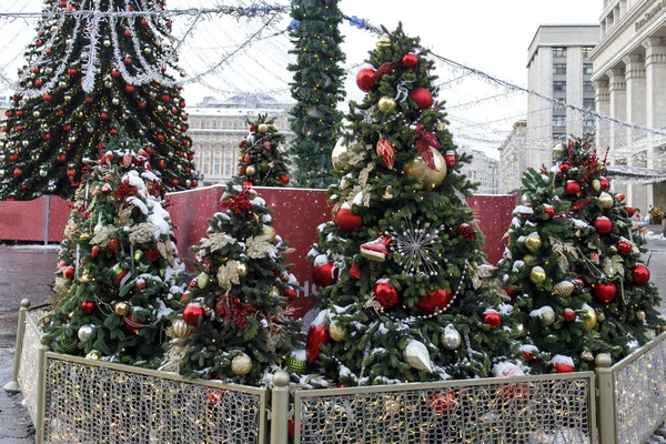 Moscow Russia December 2021 Christmas Snow Covered Trees Decorate Streets —  Fotos de Stock