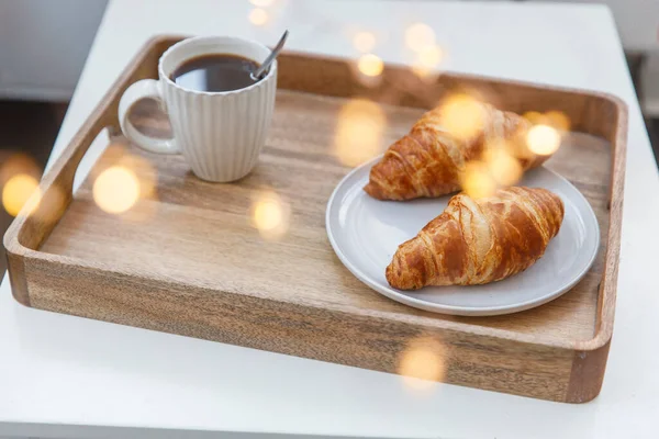 Freshly Baked Croissant Gray Plate White Cup Coffee Garland Tray — Stock Photo, Image