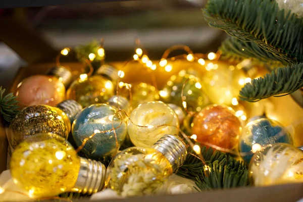 Garland Christmas Balls Which Fir Branches Box — Foto Stock