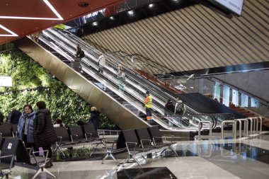 Moscow, Russia - 02 January 2021, Sheremetyevo Airport, check-in counters, the building is decorated for the New Year.