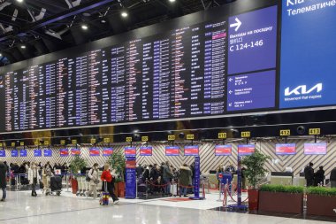 Moscow, Russia - 02 January 2021, Sheremetyevo Airport, check-in counters, the building is decorated for the New Year.