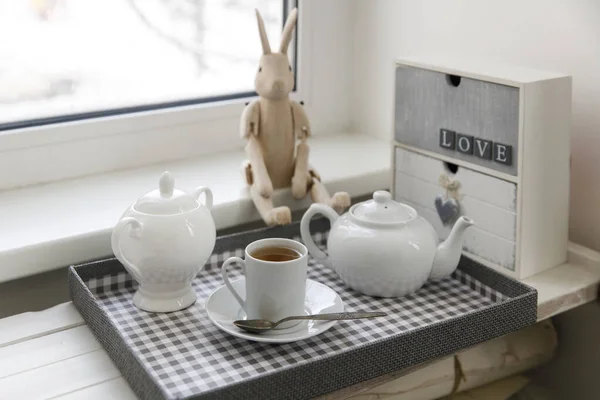 Tea Drinking Cup Tea Sugar Bowl Kettle Tray Small Wooden — Stockfoto