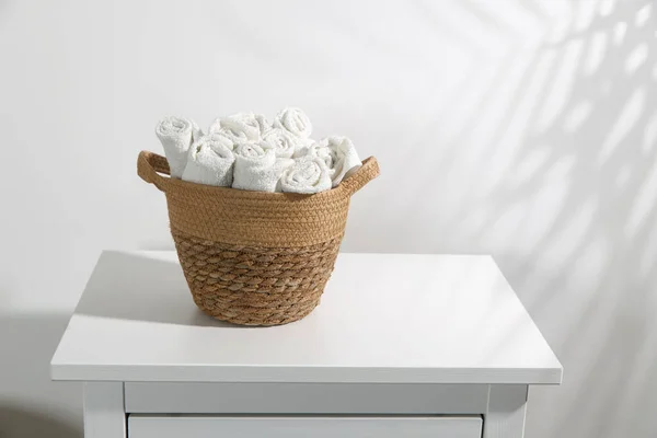 Wicker Basket Face Towels Rolled Chest Drawers Shadow Palm Leaf — Stock Photo, Image