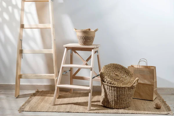 Storage Room Wooden Stairs Wicker Baskets Mat Copy Space Place — Stock Photo, Image