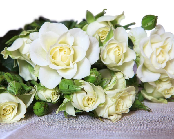 Букет Розпилювача Білої Троянди Полотні Скатертини Столі — стокове фото