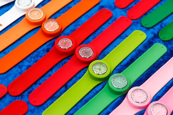 Row Multicolored Clocks Display — Stock Photo, Image