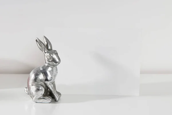 Mock White Frame Modern Ceramic Easter Bunny Decor Shelf White — Stock Photo, Image