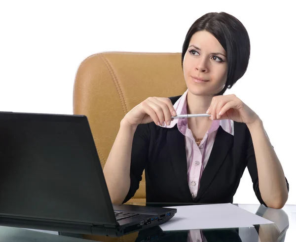 The girl, the leader, sitting in the chair, isolated — Stock Photo, Image