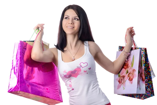 Mladé ženy, karta, bílé pozadí, Nákupní taška — Stock fotografie