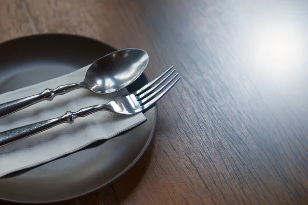 Tenedor Cuchara Placa Con Fondo Madera — Foto de Stock