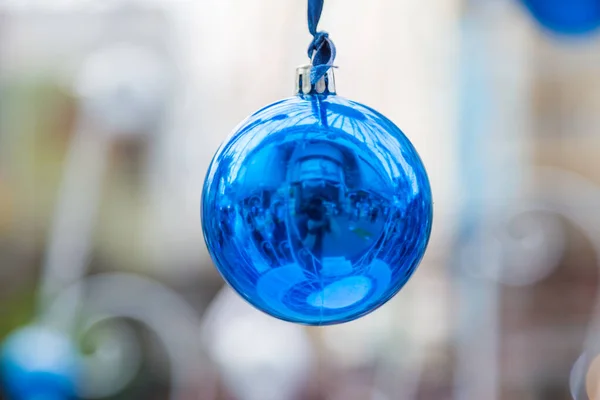 Christmas Balls Hanging Ribbon Bokeh Background — Stock Photo, Image