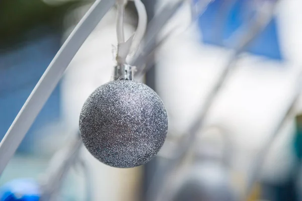 Christmas Balls Hanging Ribbon Bokeh Background — Stock Photo, Image