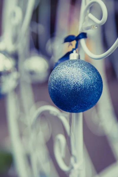 Christmas Balls Hanging Ribbon Bokeh Background — Stock Photo, Image