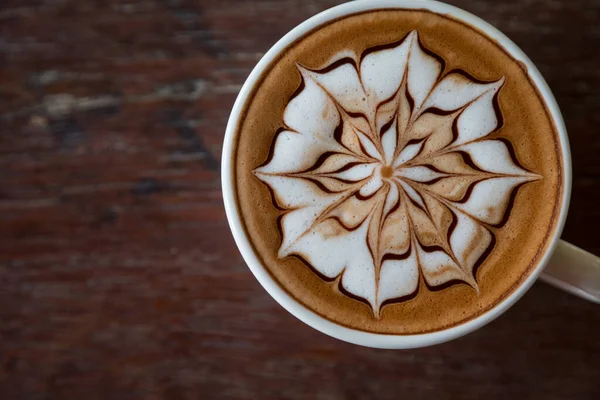 Tasse Café Avec Latte Art Sur Dessus Avec Fond Table — Photo