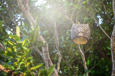 Ağaçtaki tahta lamba, arka planda bokeh.