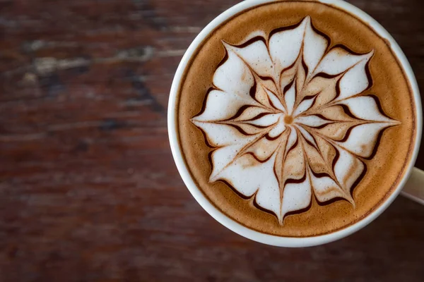 Tasse Café Avec Latte Art Sur Dessus Avec Fond Table — Photo