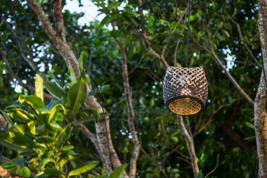 Ağaçtaki tahta lamba, arka planda bokeh.