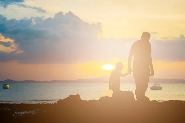 Silhouette Image Father Son Beach Sunset Background — Stock Photo, Image