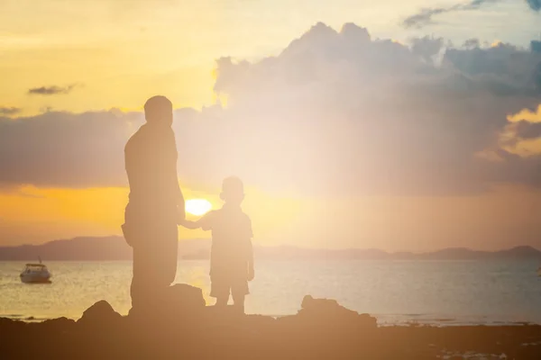 Silhouette Image Father Son Beach Sunset Background — Stock Photo, Image