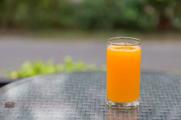 Orange Juice Glass Table Glass Green Background — Stock Photo, Image