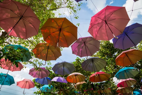 Barevné Deštníky Dekorace Visí Stromě Oblohou Pozadí — Stock fotografie