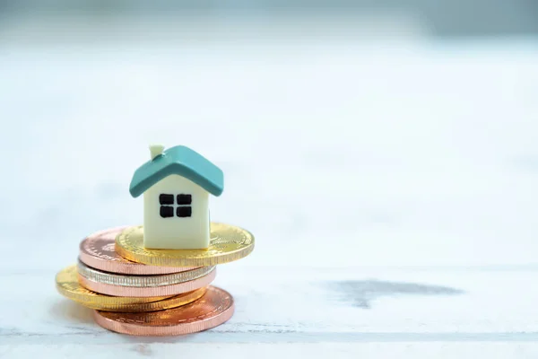 Casa Coloca Una Moneda Oro Con Fondo Madera Blanca — Foto de Stock