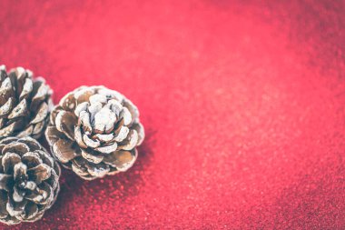 Kırmızı arka planda kurumuş çam topları